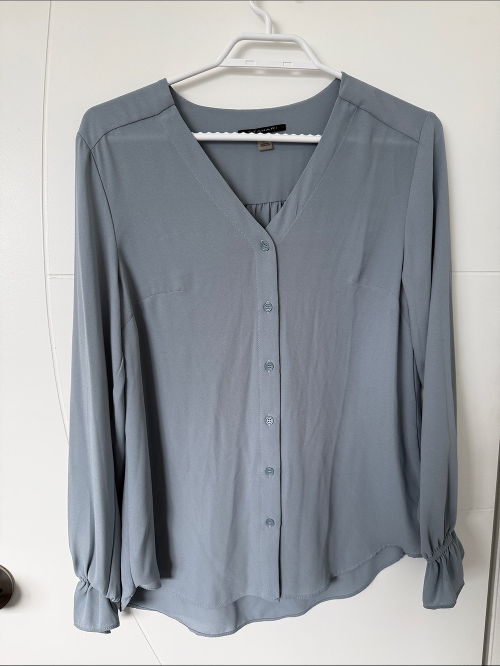 Tahari Slate Blue V-Neck Button Blouse